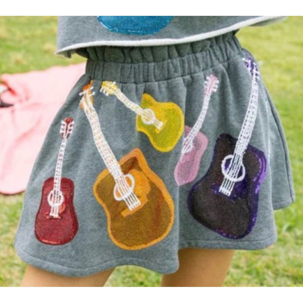 Queen of Sparkles Grey Sequin Guitar Sweatshirt Skort XL Music